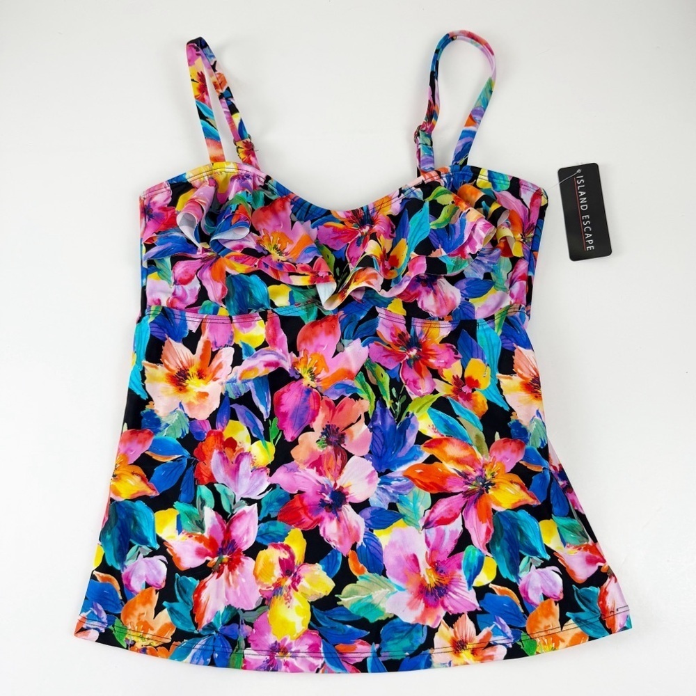 Island Escape Tankini Bikini Top Womens 10 Black Multicolor Floral Swim NWT